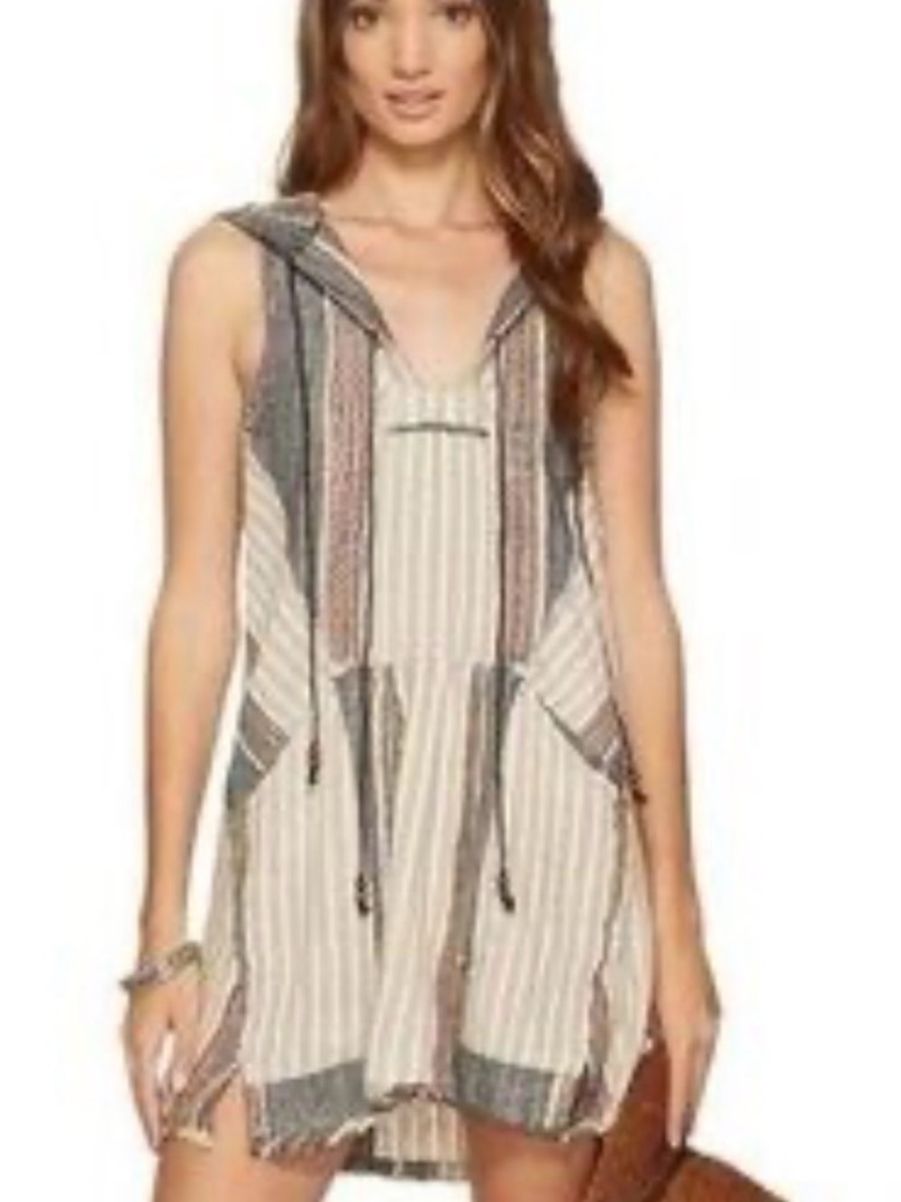 Free People All Right Now Neutral Striped Hooded Mini Dress
